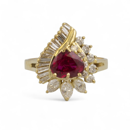 18k Yellow Gold 1.5ct Heart Shape Ruby Diamond Cocktail Ring 1.00ctw H SI Size 8