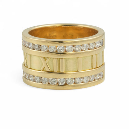 Tiffany & Co. Atlas X 18k Yellow Gold Roman Numeral Two Row Diamond Ring sz 5.5