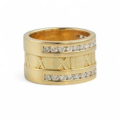 Tiffany & Co. Atlas X 18k Yellow Gold Roman Numeral Two Row Diamond Ring sz 5.5