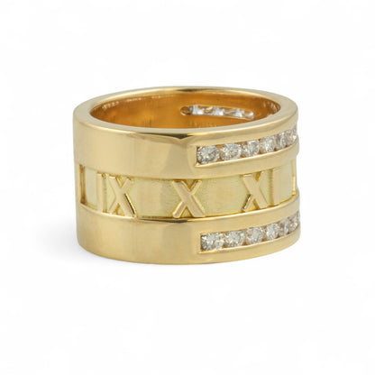 Tiffany & Co. Atlas X 18k Yellow Gold Roman Numeral Two Row Diamond Ring sz 5.5