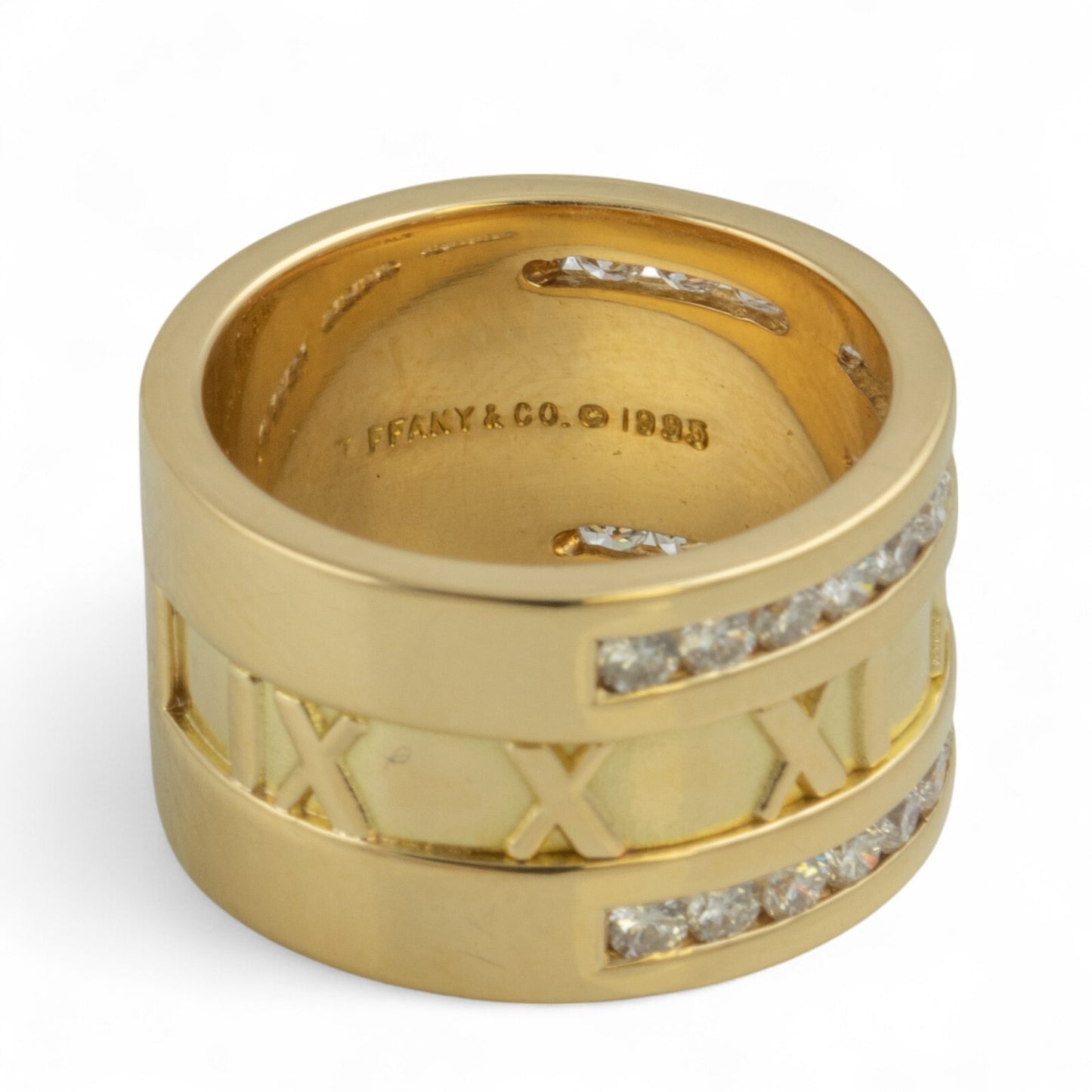 Tiffany & Co. Atlas X 18k Yellow Gold Roman Numeral Two Row Diamond Ring sz 5.5