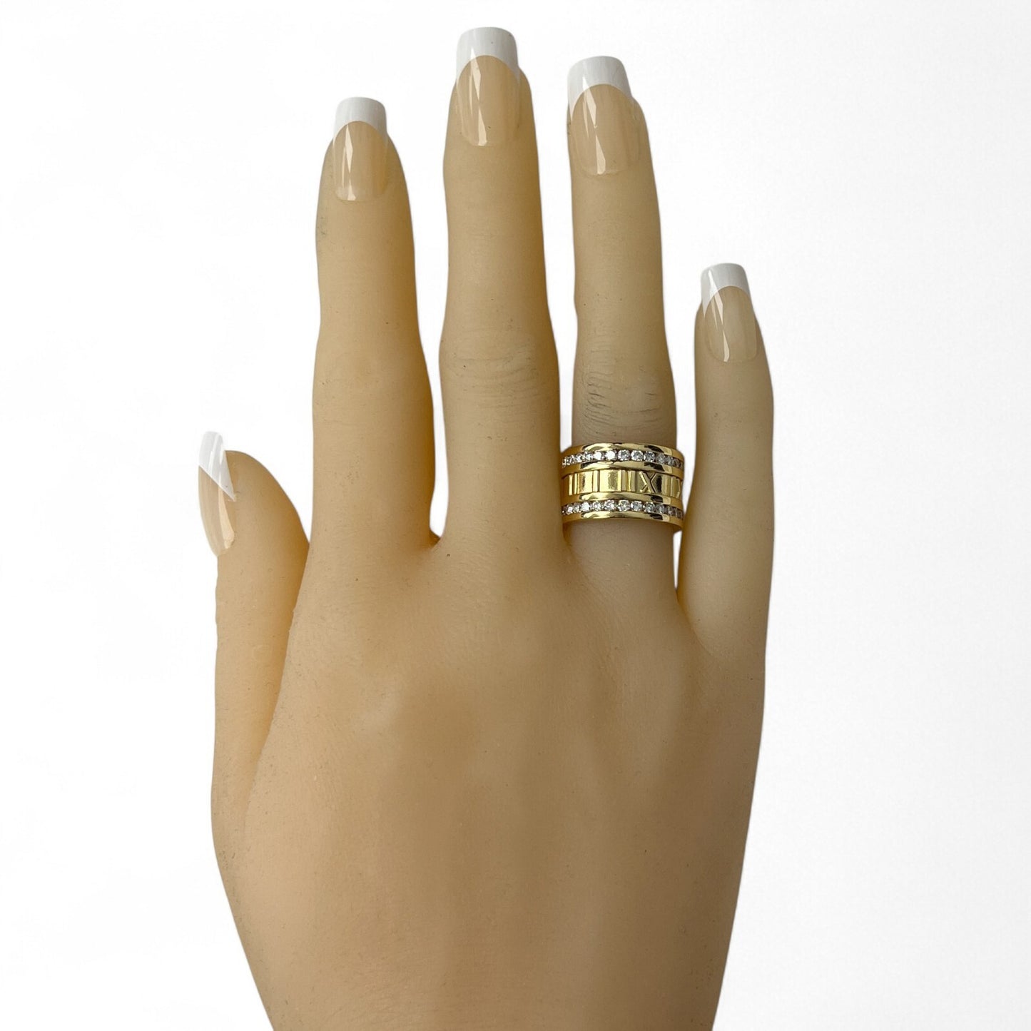 Tiffany & Co. Atlas X 18k Yellow Gold Roman Numeral Two Row Diamond Ring sz 5.5