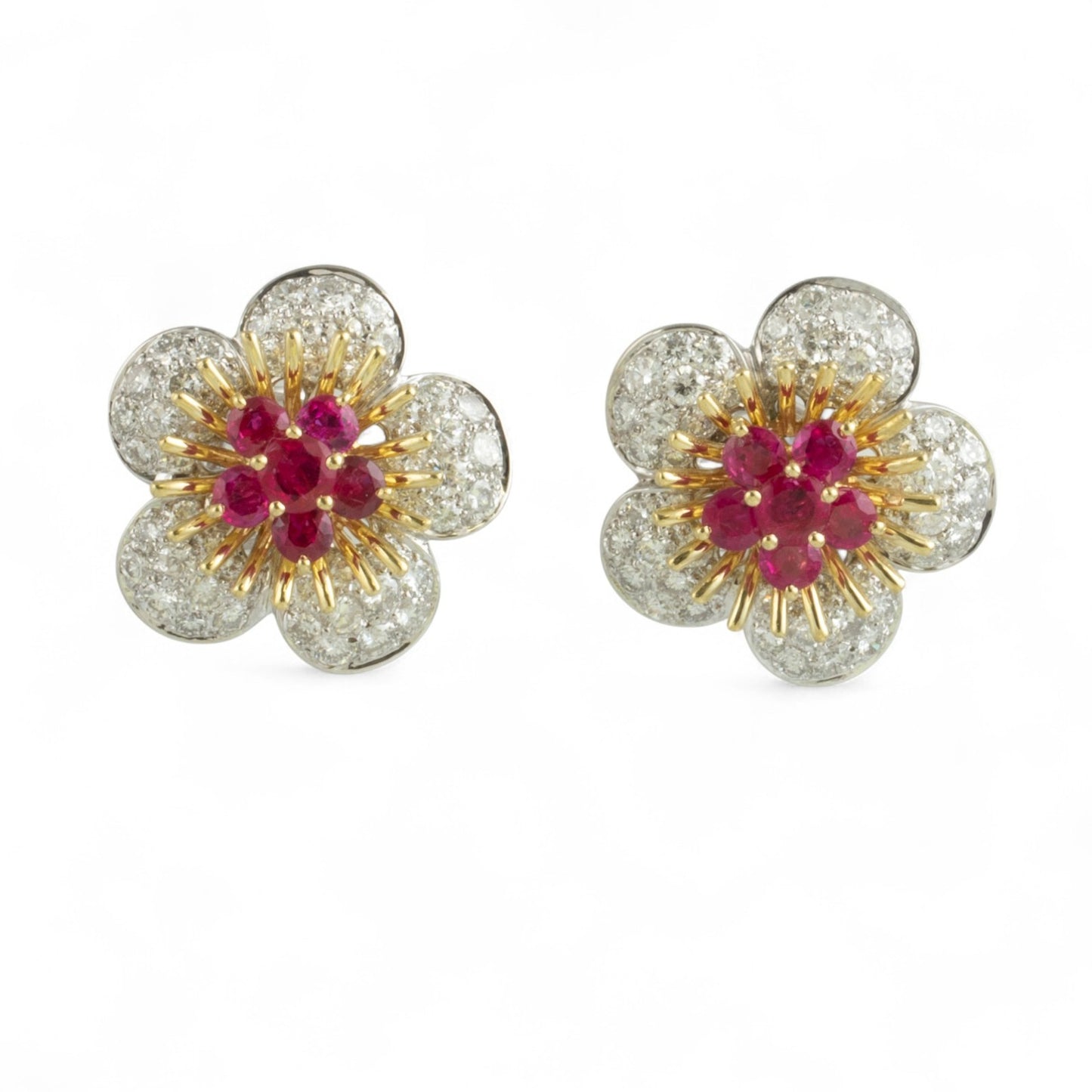 18k White & Yellow Gold 2.50ctw Ruby Pave Diamond Flower Earrings 3.50ctw G VS