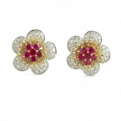 18k White & Yellow Gold 2.50ctw Ruby Pave Diamond Flower Earrings 3.50ctw G VS
