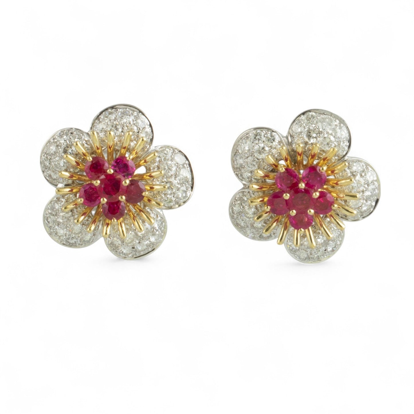 18k White & Yellow Gold 2.50ctw Ruby Pave Diamond Flower Earrings 3.50ctw G VS