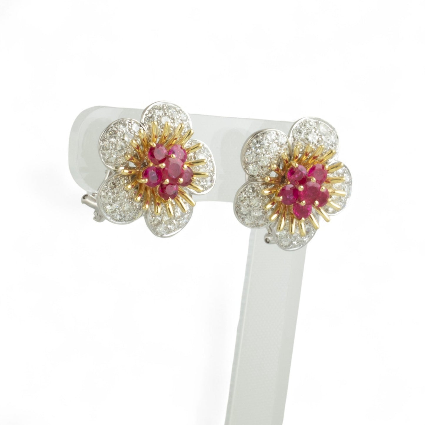 18k White & Yellow Gold 2.50ctw Ruby Pave Diamond Flower Earrings 3.50ctw G VS