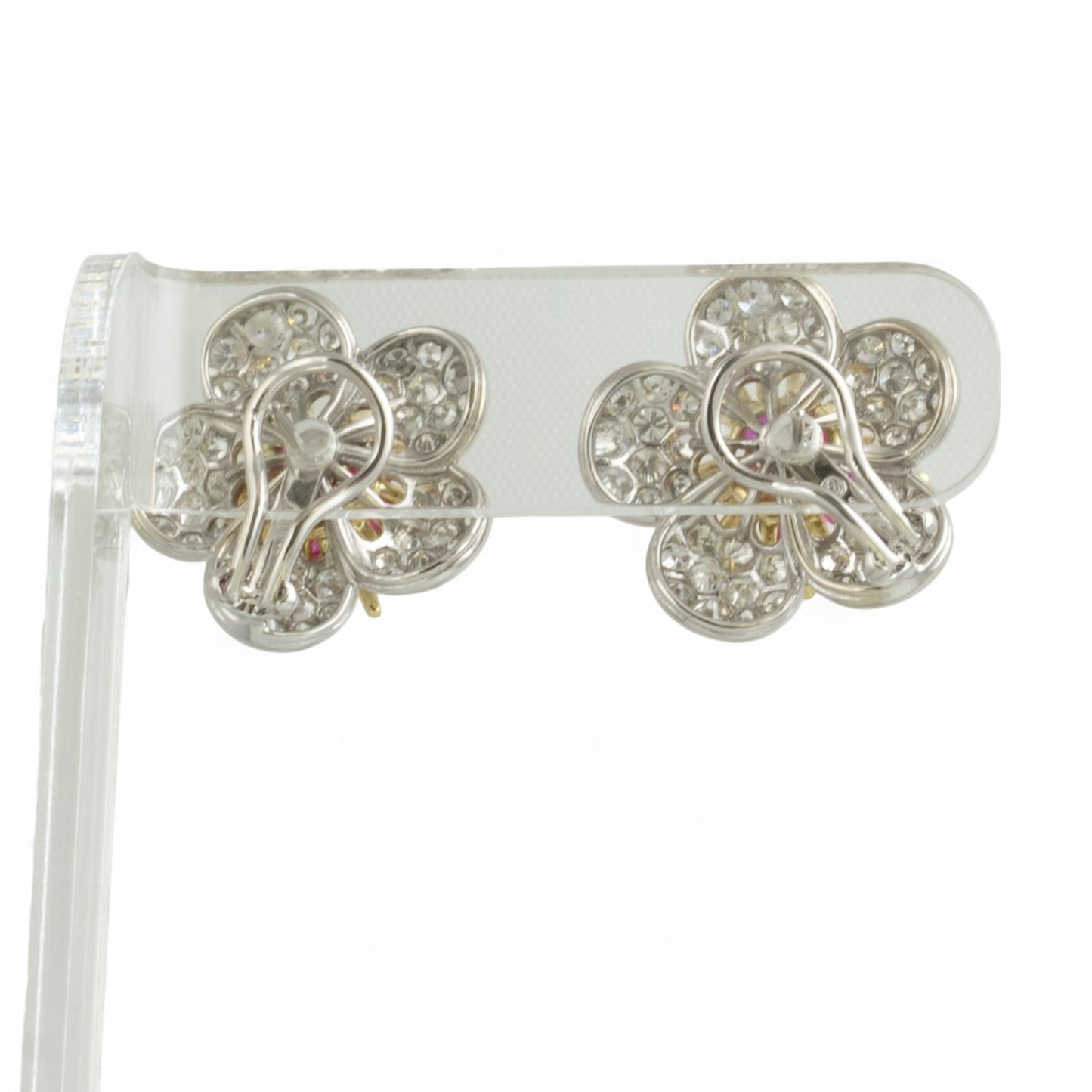 18k White & Yellow Gold 2.50ctw Ruby Pave Diamond Flower Earrings 3.50ctw G VS