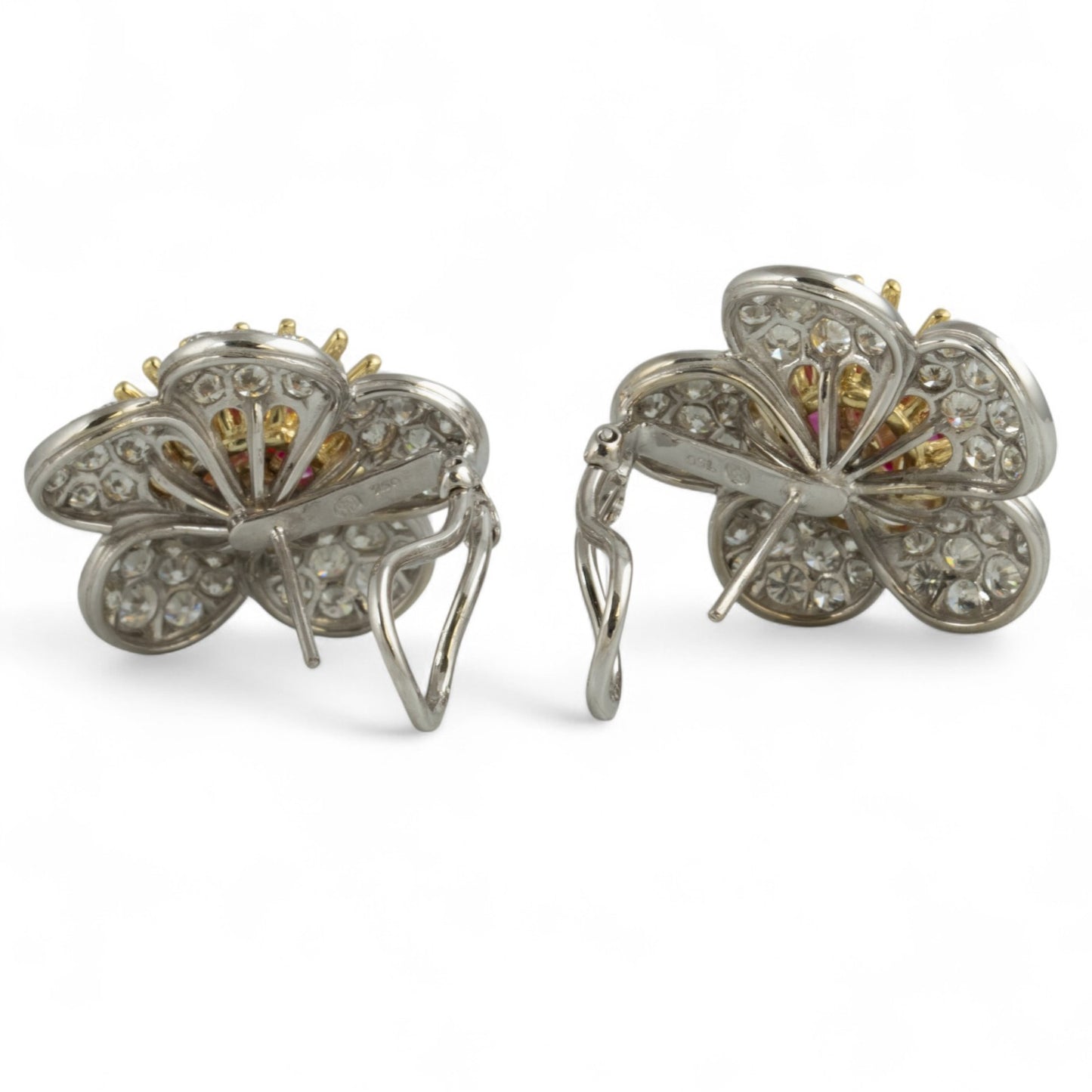18k White & Yellow Gold 2.50ctw Ruby Pave Diamond Flower Earrings 3.50ctw G VS