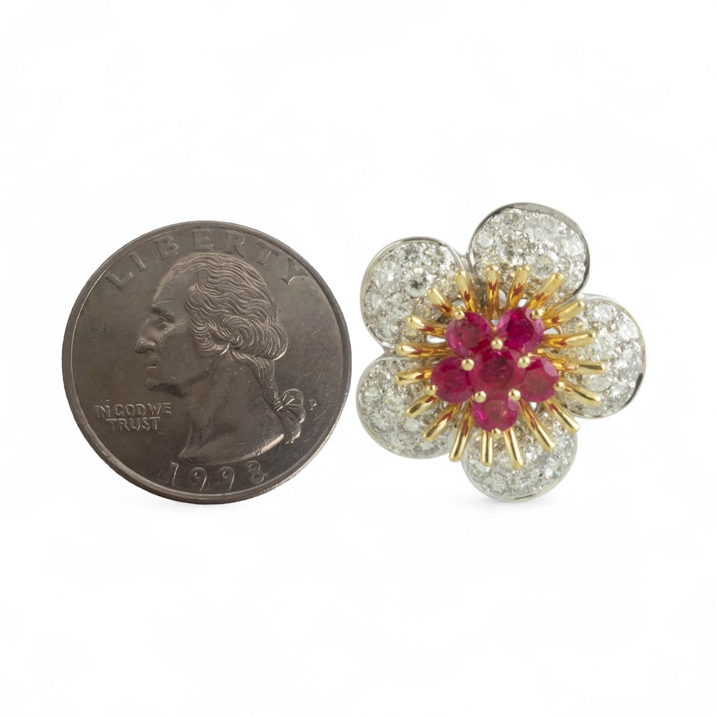 18k White & Yellow Gold 2.50ctw Ruby Pave Diamond Flower Earrings 3.50ctw G VS