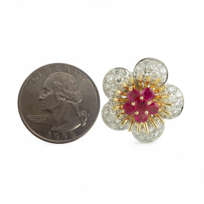 18k White & Yellow Gold 2.50ctw Ruby Pave Diamond Flower Earrings 3.50ctw G VS