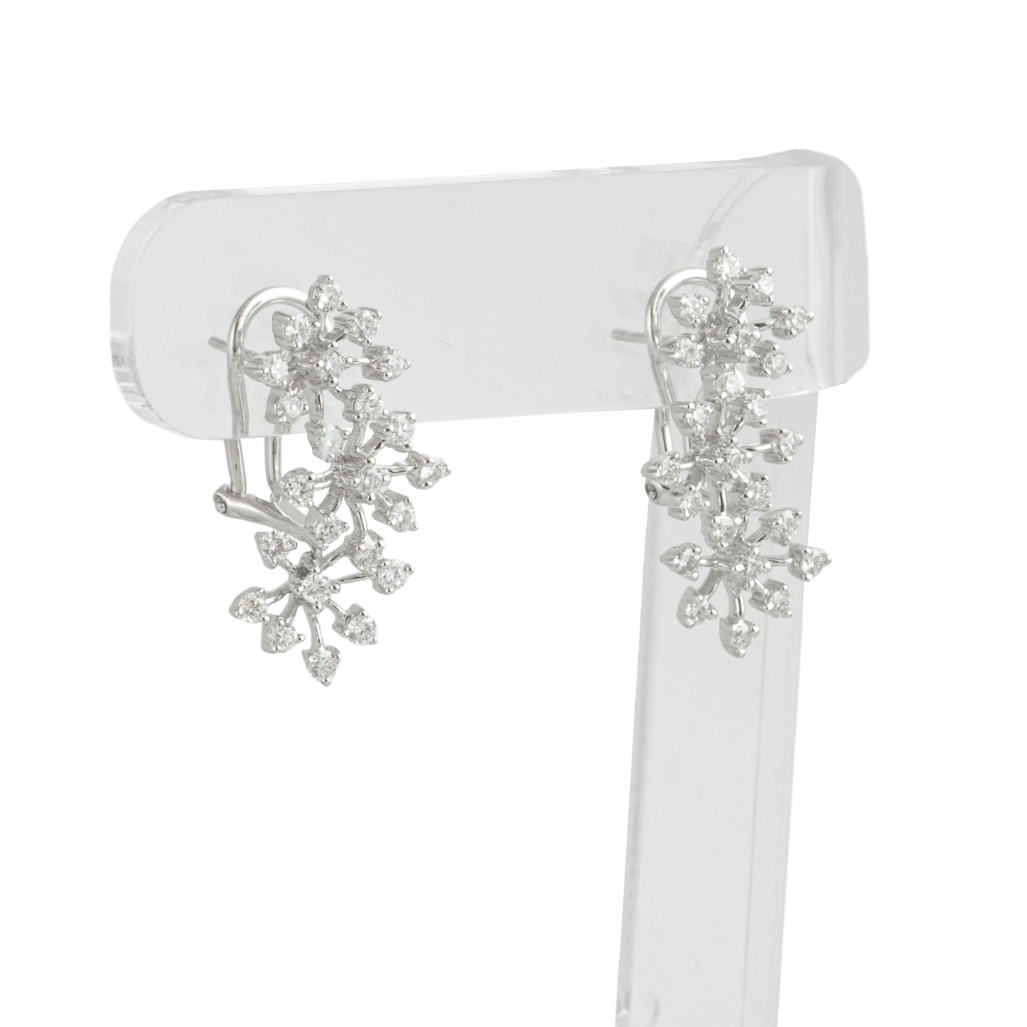 18k White Gold Diamond Floral Leaf Vine Omega Back Earrings 1.51ctw G SI1