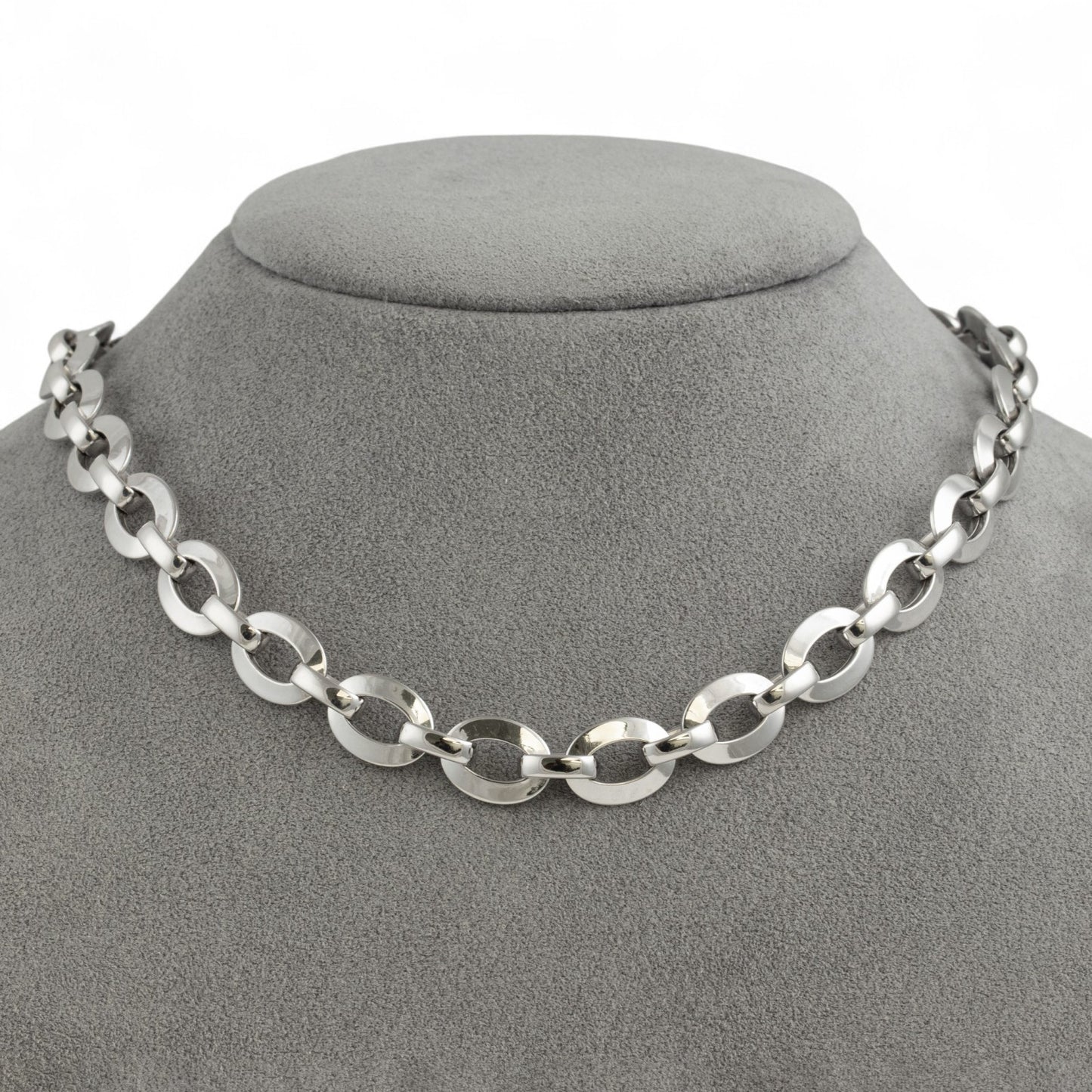 18k White Gold Flat Oval Disc Puffy Link Chain Diamond Lock Necklace 16.5" 39.2g