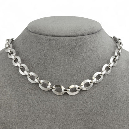 18k White Gold Flat Oval Disc Puffy Link Chain Diamond Lock Necklace 16.5" 39.2g