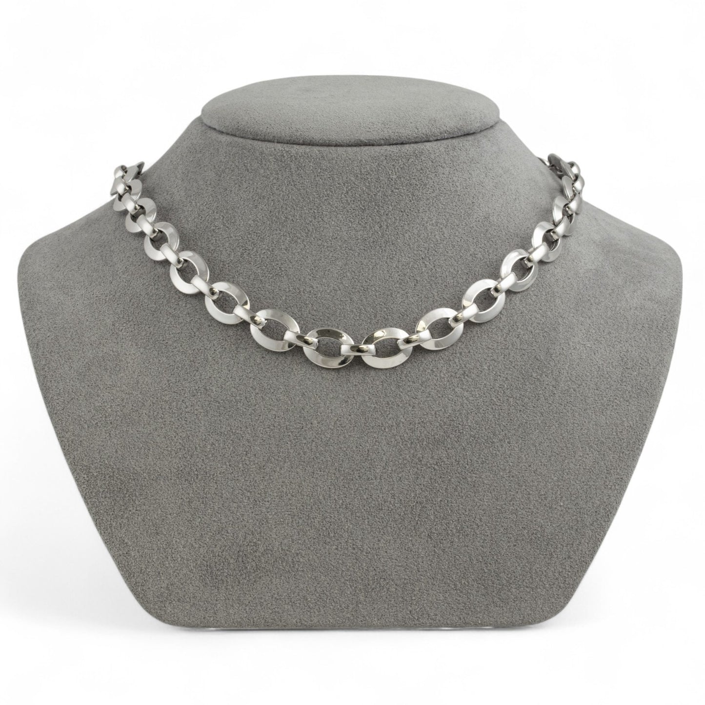 18k White Gold Flat Oval Disc Puffy Link Chain Diamond Lock Necklace 16.5" 39.2g