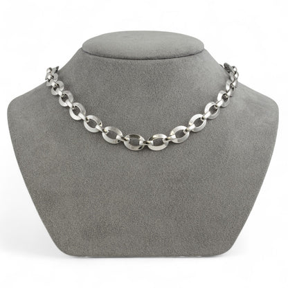 18k White Gold Flat Oval Disc Puffy Link Chain Diamond Lock Necklace 16.5" 39.2g
