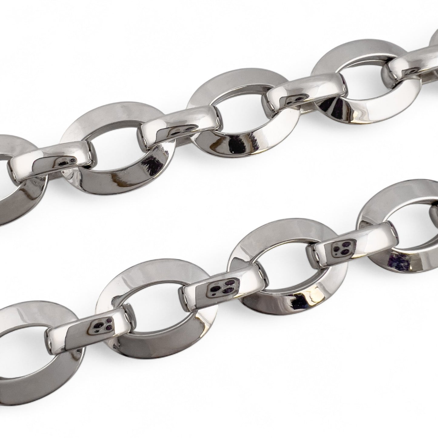 18k White Gold Flat Oval Disc Puffy Link Chain Diamond Lock Necklace 16.5" 39.2g