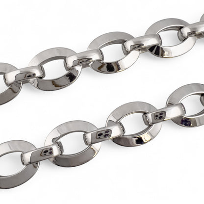 18k White Gold Flat Oval Disc Puffy Link Chain Diamond Lock Necklace 16.5" 39.2g