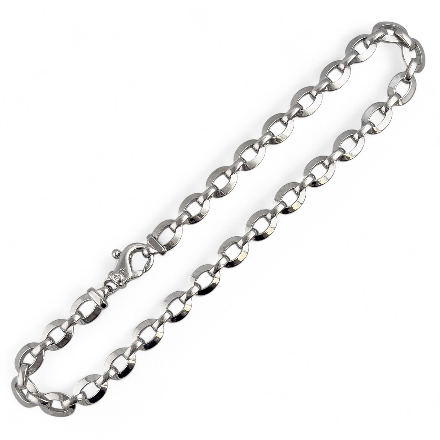 18k White Gold Flat Oval Disc Puffy Link Chain Diamond Lock Necklace 16.5" 39.2g
