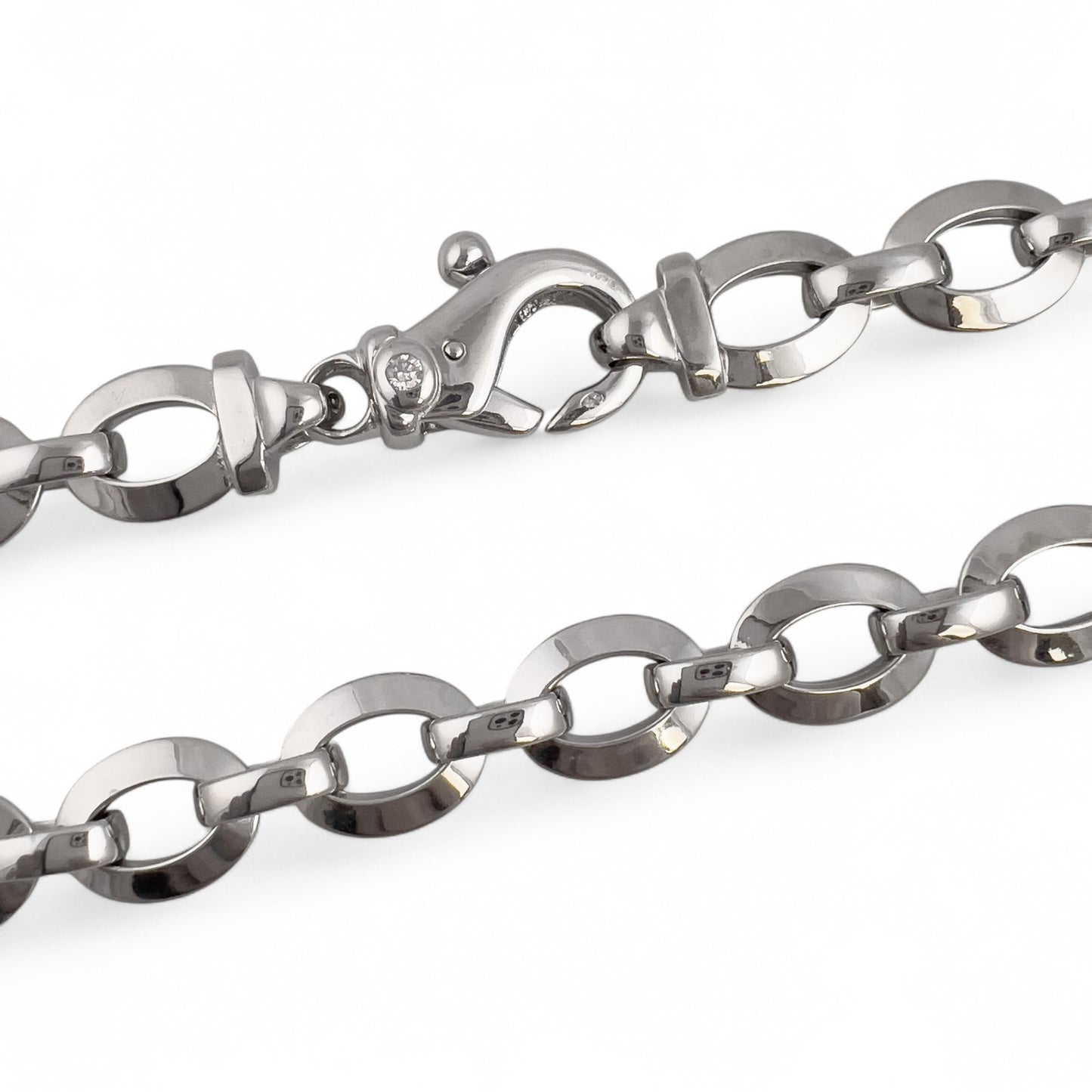 18k White Gold Flat Oval Disc Puffy Link Chain Diamond Lock Necklace 16.5" 39.2g