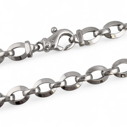 18k White Gold Flat Oval Disc Puffy Link Chain Diamond Lock Necklace 16.5" 39.2g