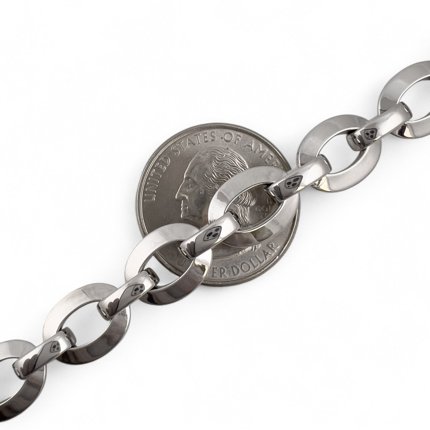 18k White Gold Flat Oval Disc Puffy Link Chain Diamond Lock Necklace 16.5" 39.2g