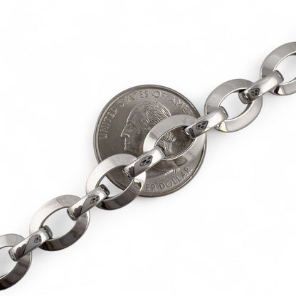 18k White Gold Flat Oval Disc Puffy Link Chain Diamond Lock Necklace 16.5" 39.2g