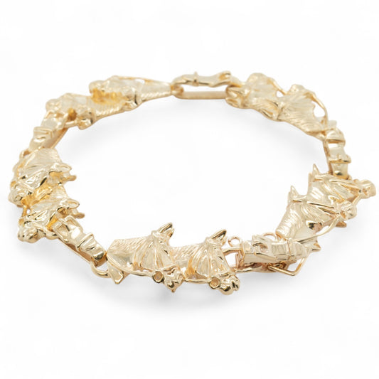 14k Yellow Gold Equestrian Double Racing Horse Head Link Bracelet 27.8g 6.75"