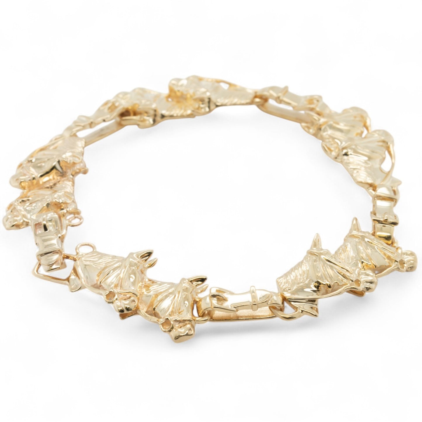 14k Yellow Gold Equestrian Double Racing Horse Head Link Bracelet 27.8g 6.75"