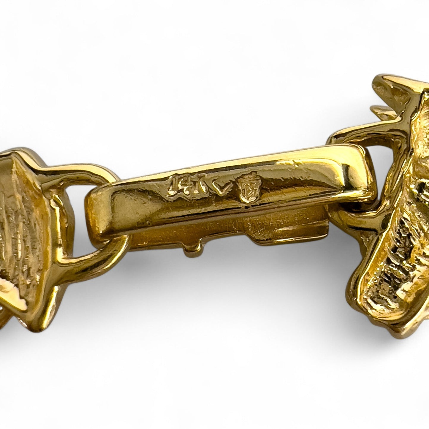 14k Yellow Gold Equestrian Double Racing Horse Head Link Bracelet 27.8g 6.75"