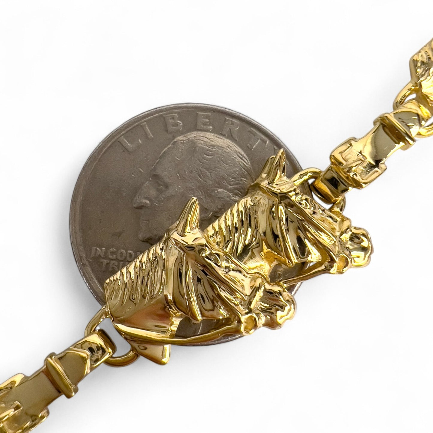 14k Yellow Gold Equestrian Double Racing Horse Head Link Bracelet 27.8g 6.75"