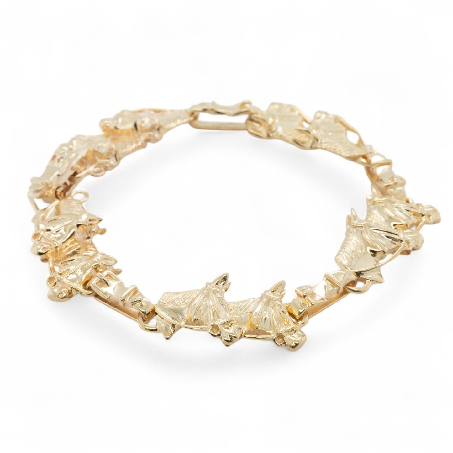 14k Yellow Gold Equestrian Double Racing Horse Head Link Bracelet 27.8g 6.75"