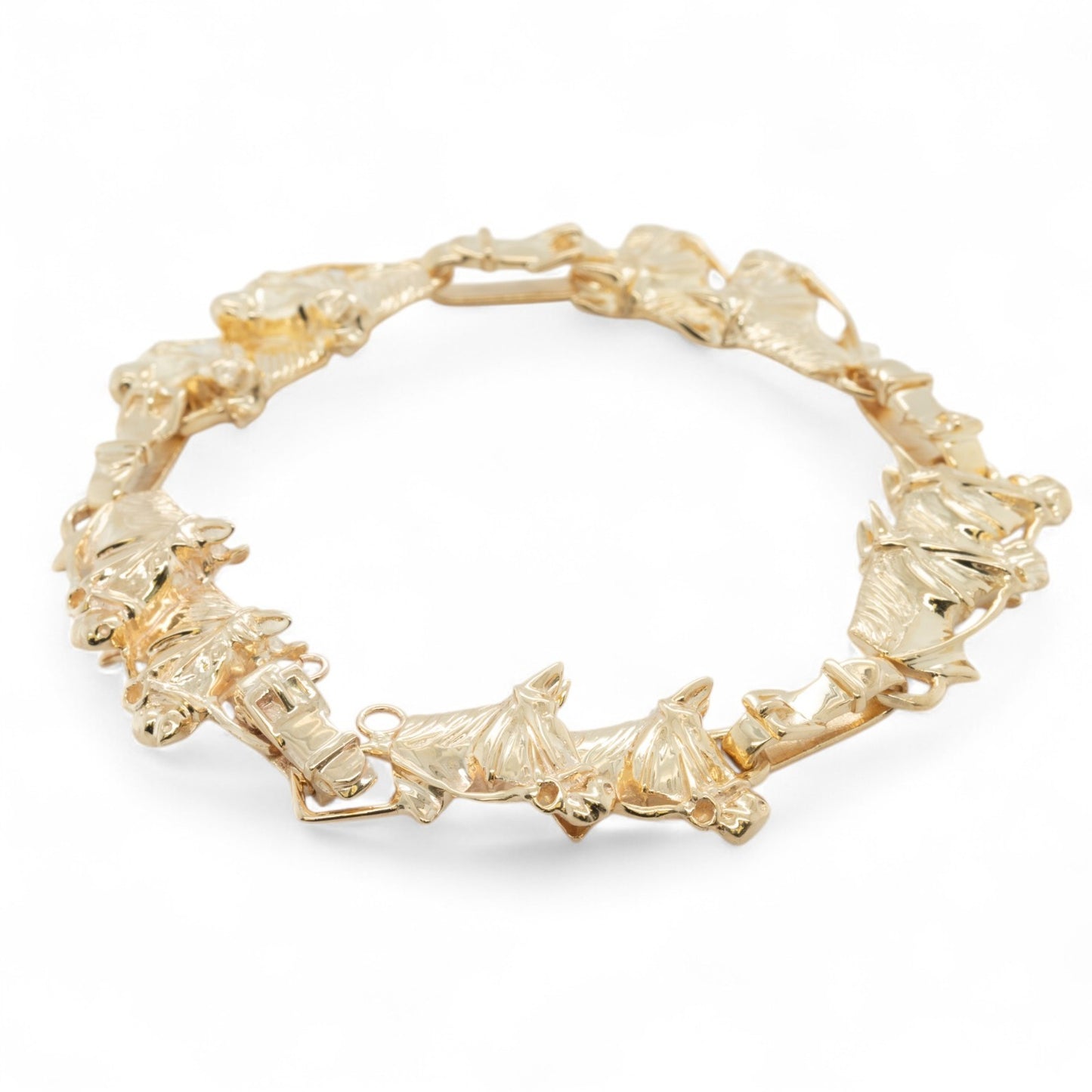 14k Yellow Gold Equestrian Double Racing Horse Head Link Bracelet 27.8g 6.75"