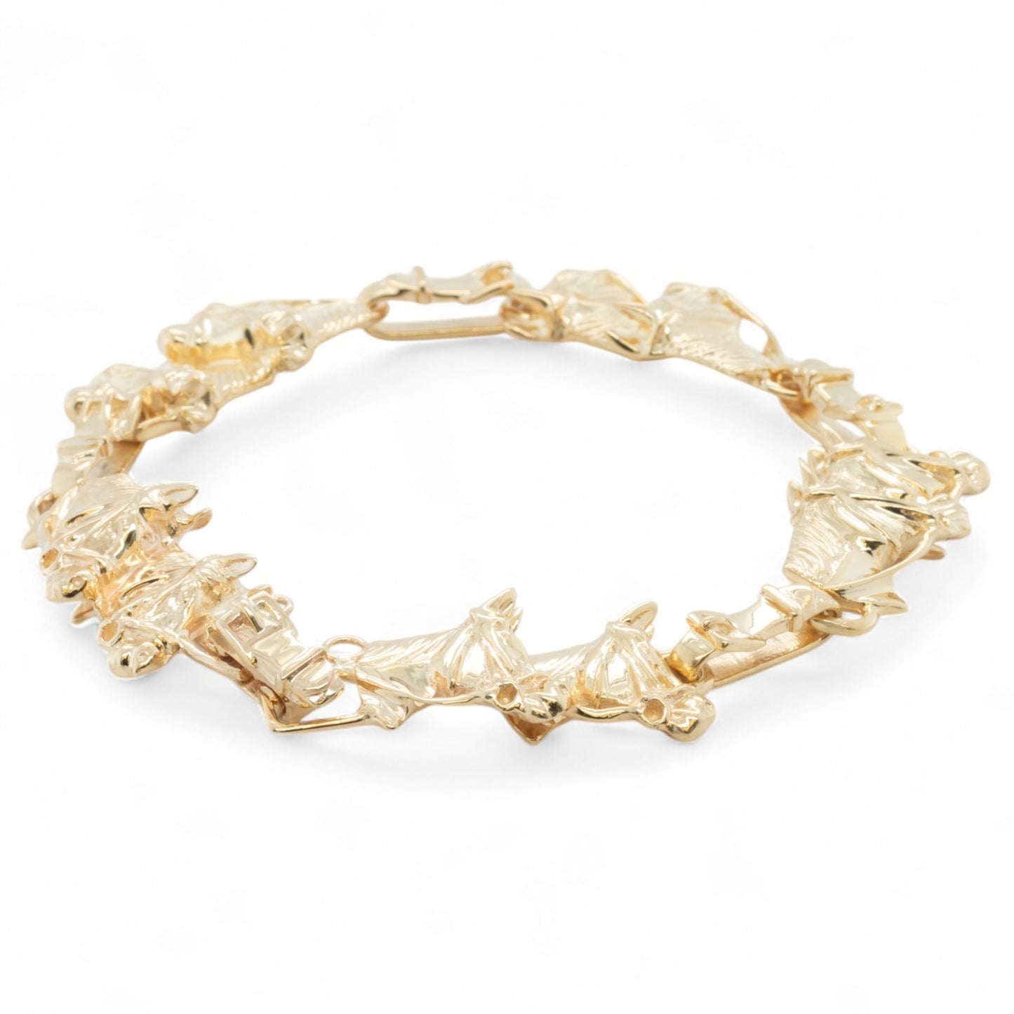 14k Yellow Gold Equestrian Double Racing Horse Head Link Bracelet 27.8g 6.75"
