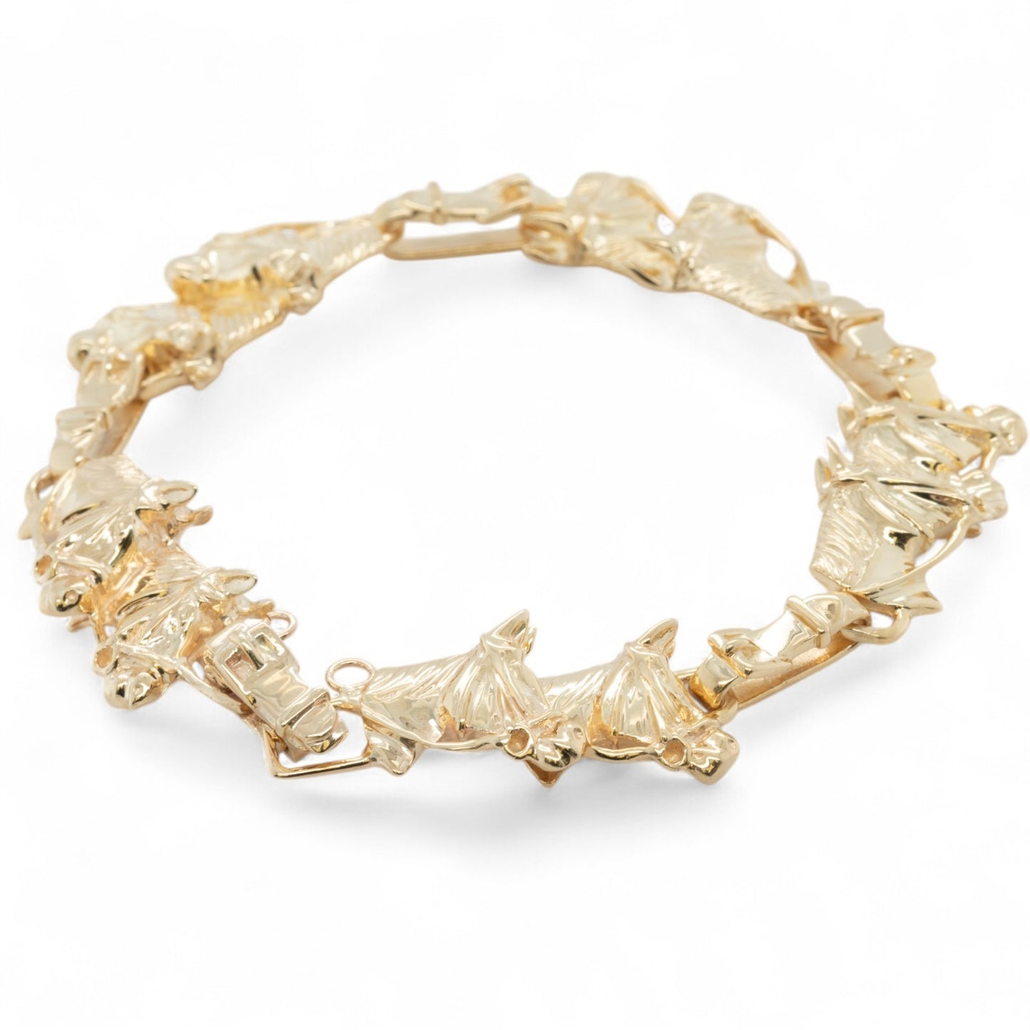 14k Yellow Gold Equestrian Double Racing Horse Head Link Bracelet 27.8g 6.75"