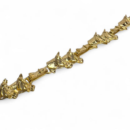 14k Yellow Gold Equestrian Double Racing Horse Head Link Bracelet 27.8g 6.75"