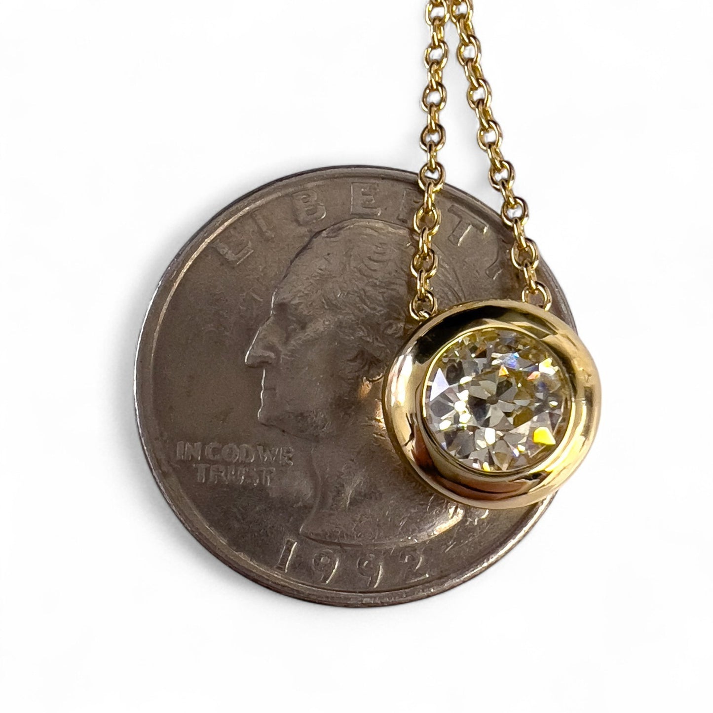 14k Yellow Gold Old Mine Diamond Bezel Set Pendant Necklace 1.20ct I-J SI 17.5"