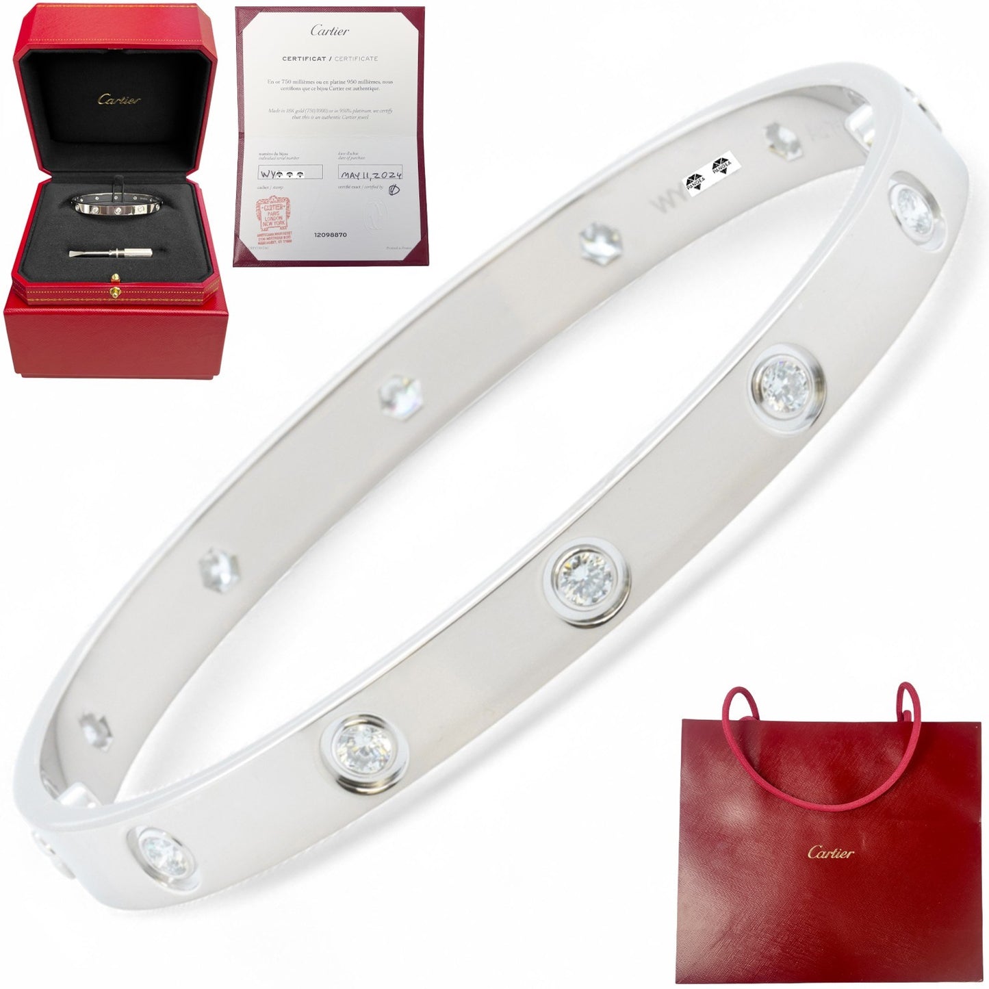 Cartier Love 18k White Gold 10 Diamond Bangle Bracelet Size 17 BAG + BOX + CERT