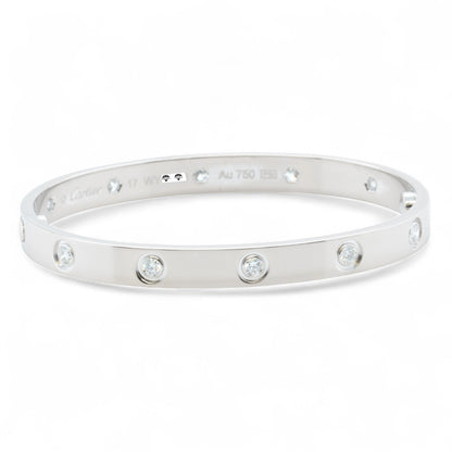 Cartier Love 18k White Gold 10 Diamond Bangle Bracelet Size 17 BAG + BOX + CERT