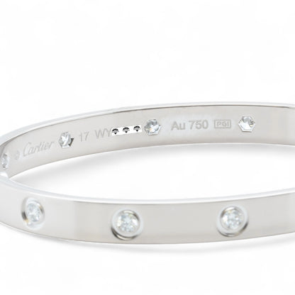 Cartier Love 18k White Gold 10 Diamond Bangle Bracelet Size 17 BAG + BOX + CERT
