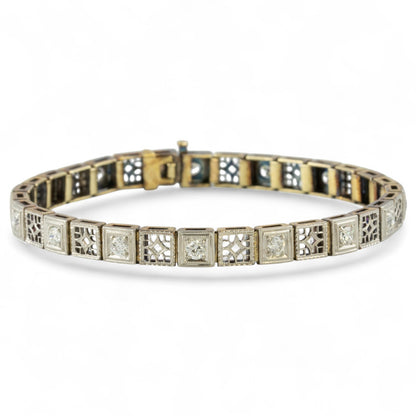 Antique Art Deco 14k Gold & Platinum Top Old European Diamond Filigree Bracelet