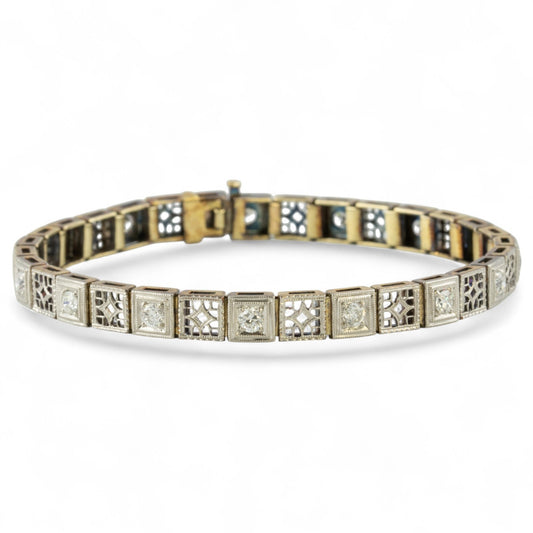 Antique Art Deco 14k Gold & Platinum Top Old European Diamond Filigree Bracelet
