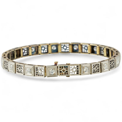 Antique Art Deco 14k Gold & Platinum Top Old European Diamond Filigree Bracelet