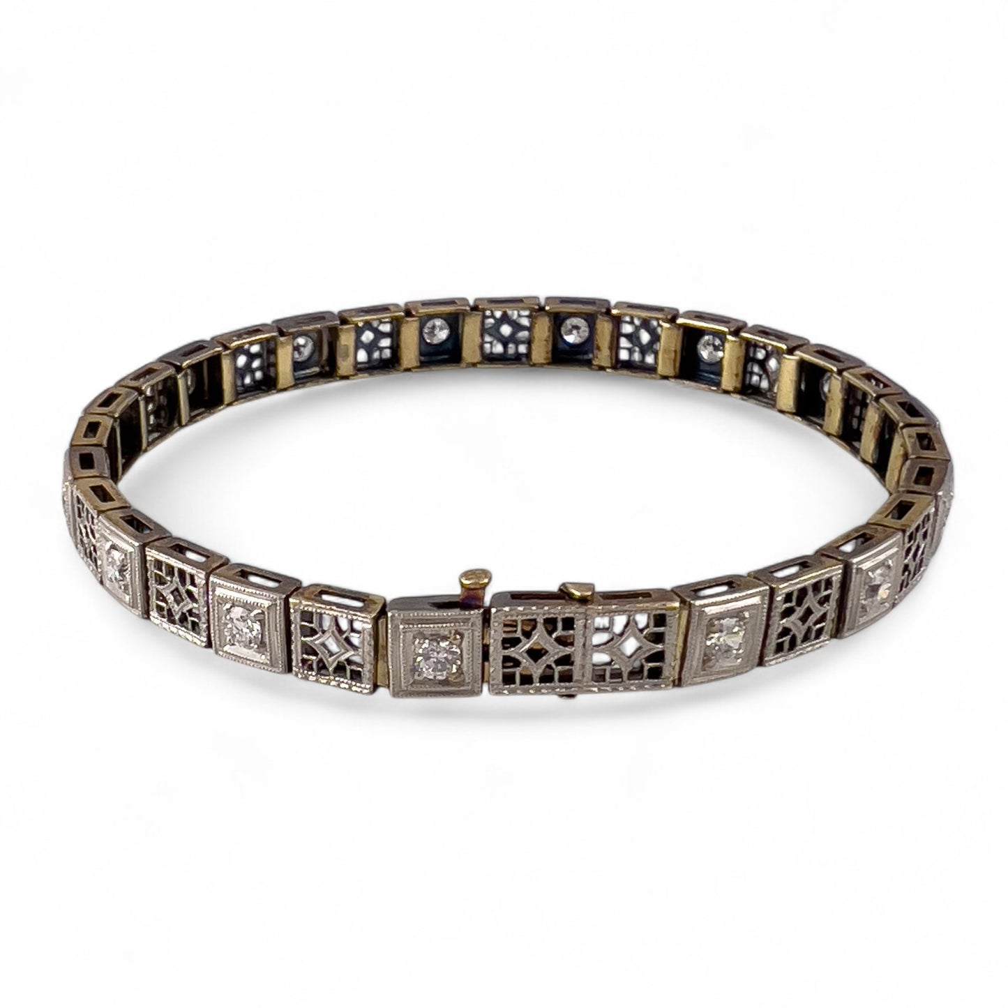 Antique Art Deco 14k Gold & Platinum Top Old European Diamond Filigree Bracelet