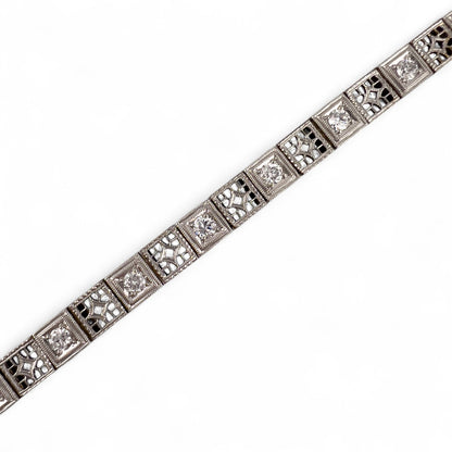 Antique Art Deco 14k Gold & Platinum Top Old European Diamond Filigree Bracelet
