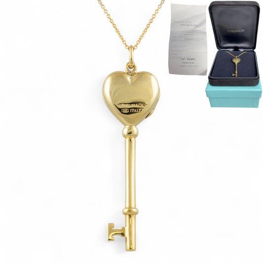 Tiffany & Co. 14k Yellow Gold Heart Locket Skeleton Key Pendant 18k Necklace 24"