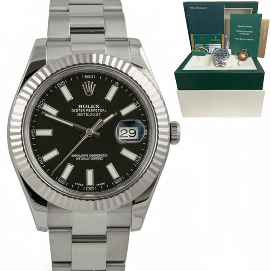 Rolex DateJust II BLACK Stainless 18k FLUTED Oyster 41mm Watch 116334 BOX PAPERS
