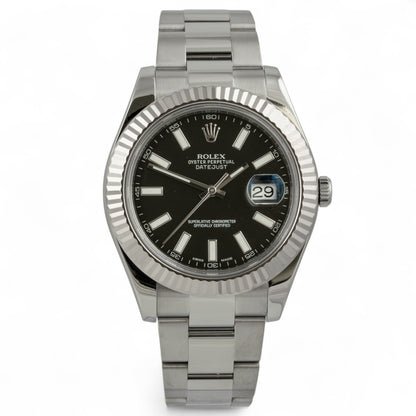 Rolex DateJust II BLACK Stainless 18k FLUTED Oyster 41mm Watch 116334 BOX PAPERS