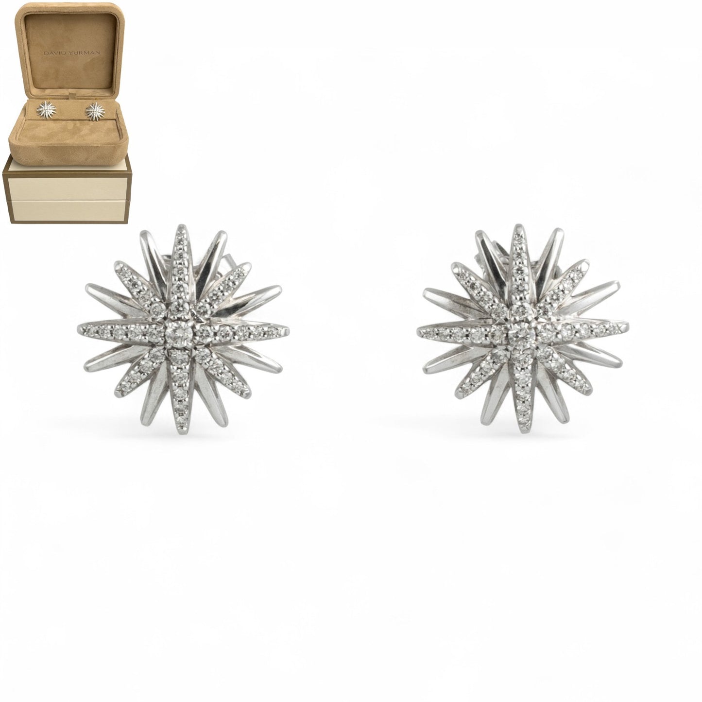 David Yurman Starburst Diamond 925 Sterling Silver Earrings 19mm 14K Post w/ BOX