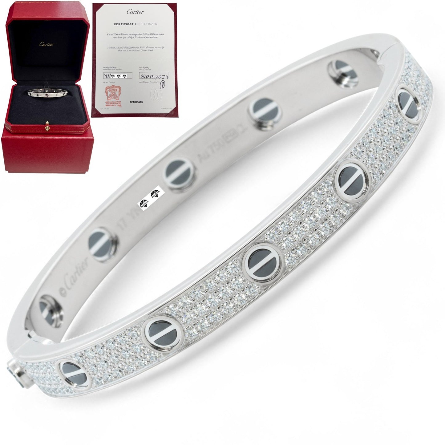 Cartier Love Ceramic Pave Diamond 18k White Gold Bracelet SZ 17 BOX CERTIFICATE