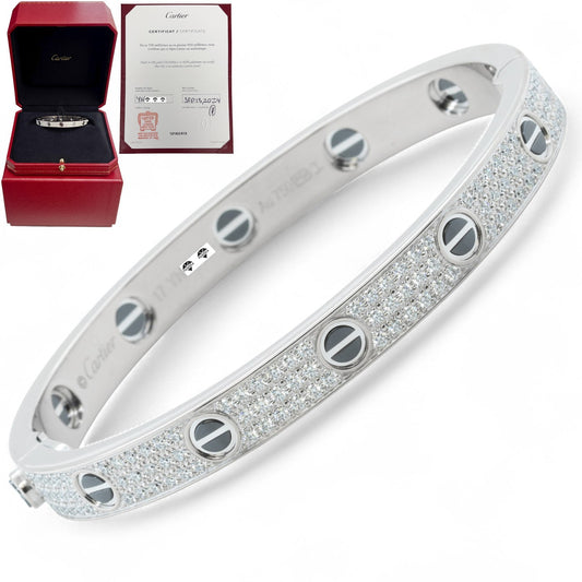 Cartier Love Ceramic Pave Diamond 18k White Gold Bracelet SZ 17 BOX CERTIFICATE